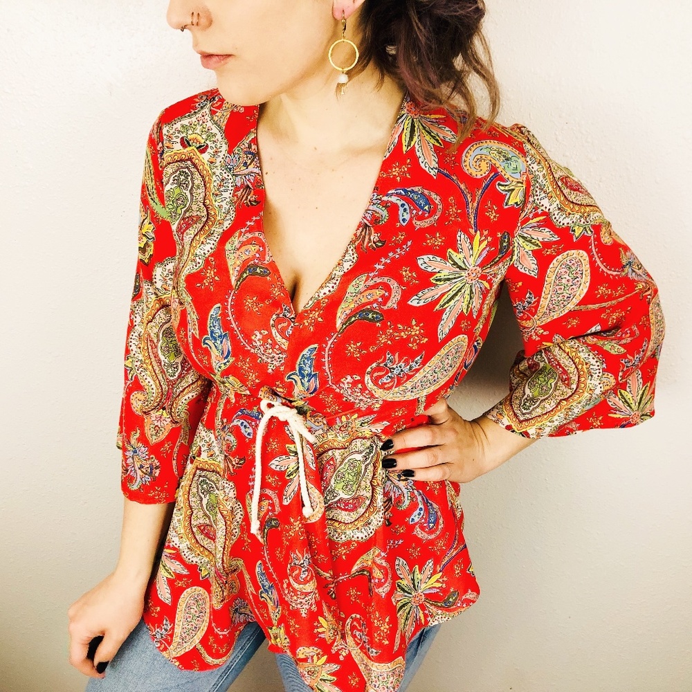 Zara Paisley Rope Tie Blouse